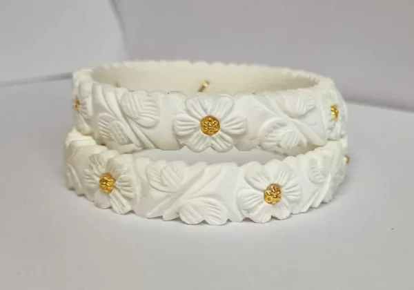White Floral Carved Bangles for Women – Traditional Artificial Jewellery | Bridal Ethnic Bangles Online India